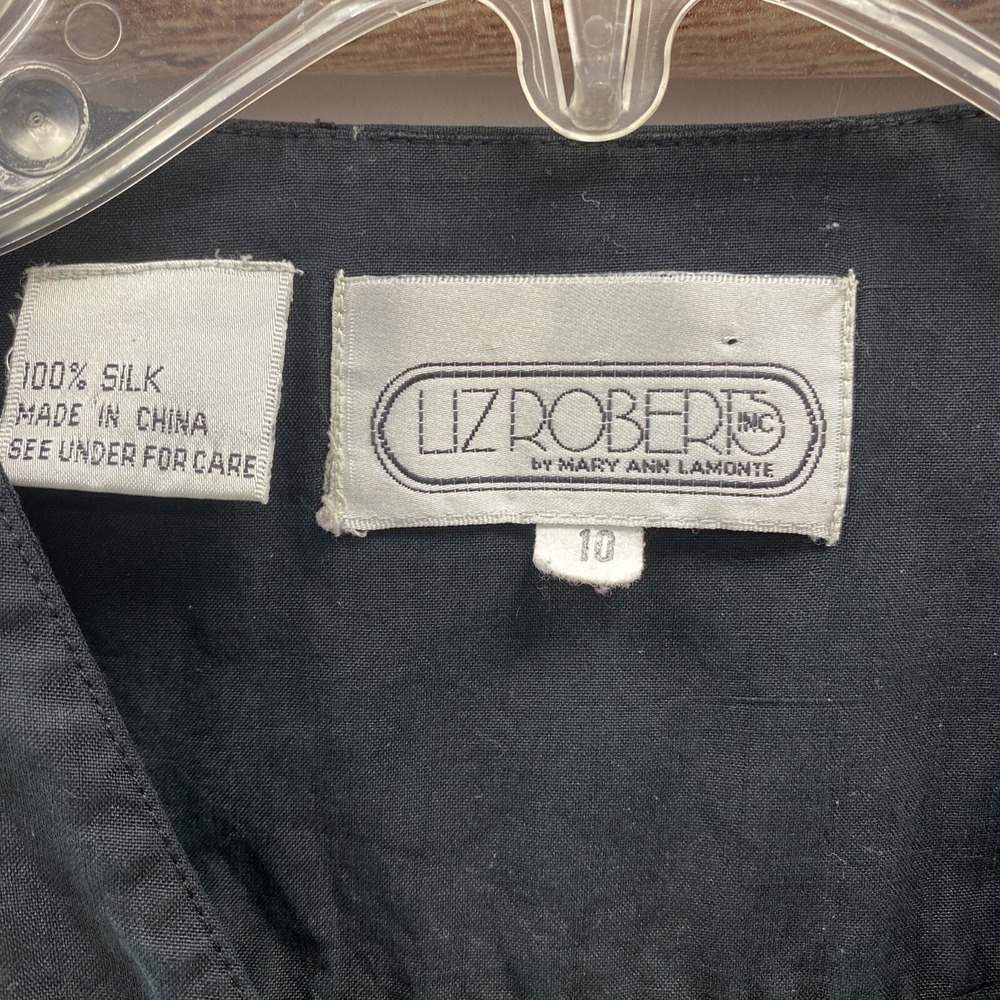 Vintage Black Silk Shift Midi Dress Liz Roberts 10 Button Front Pockets basic - Picture 4 of 14